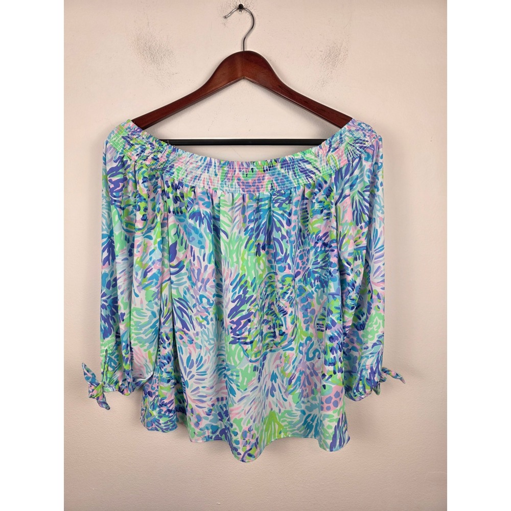 Lilly Pulitzer MaryEllen Womens Small Off The Shoulder Smocked Tie Sleeve Top